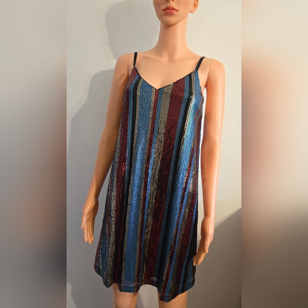 As U Wish Sequin Striped Mini Dress - Blue, Red, Gold